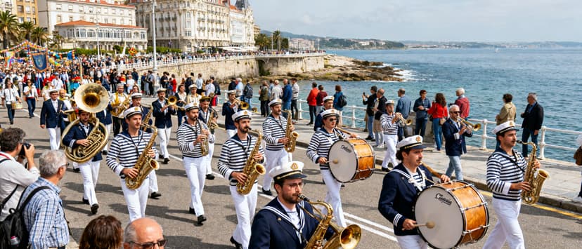 Pasacalles itinerante con zancudos y carroza de espectaculo recorriendo la Playa de la Concha durante la Semana Grande de Santander